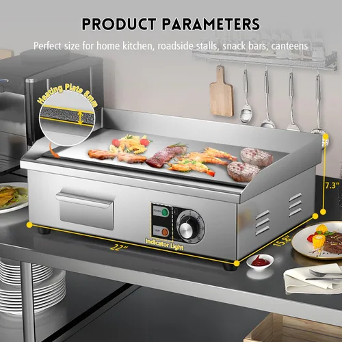 Miniatura 5 de Moogiantgo - Plancha eléctrica comercial de 22 pulgadas, 1600 W, antiadherente para encimera, acero inoxidable, caja de aceite extraíble, Plano