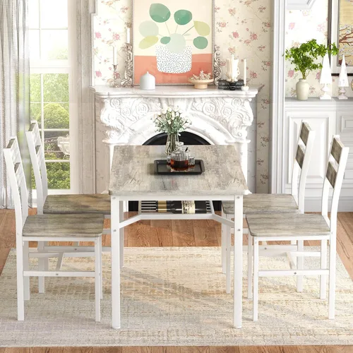 Miniatura 9 de Juego de mesa de comedor Hooseng para 4, juego de mesa y sillas de cocina de madera con almacenamiento, juego de mesa de comedor de 5 piezas