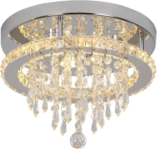 Miniatura 10 de Deckrico Candelabro de cristal moderno LED para techo, montaje empotrado, de acero inoxidable, pantalla de luz con cuentas para dormitorio, comedor