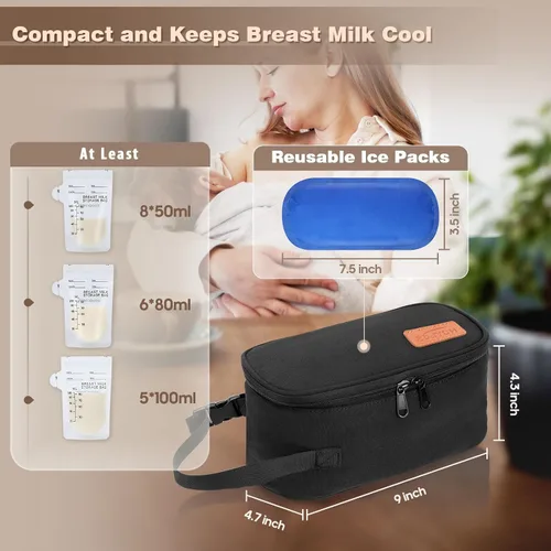 Miniatura 2 de Bolsa de viaje enfriadora de leche materna con 2 bolsas de hielo, pequeña bolsa térmica portátil para leche materna congelada, aprobada por la TSA