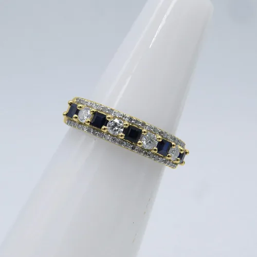 Miniatura 12 de Dazzlingrock Collection Anillo de boda de 9 piedras de zafiro azul princesa y diamante blanco redondo de 0.098 in cada uno en oro de 14 quilates