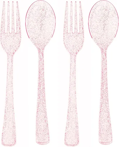 Miniatura 22 de Juego de cuchara y tenedor rosa intenso (50 cada uno) – Vajilla rosa intenso para fiestas, cubiertos de plástico duradero, cubiertos