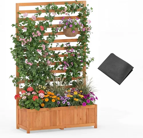 Miniatura 12 de Giantex Cama de jardín elevada de madera con enrejado, maceta para exteriores con base abierta para plantas trepadoras, profundidad de plantación