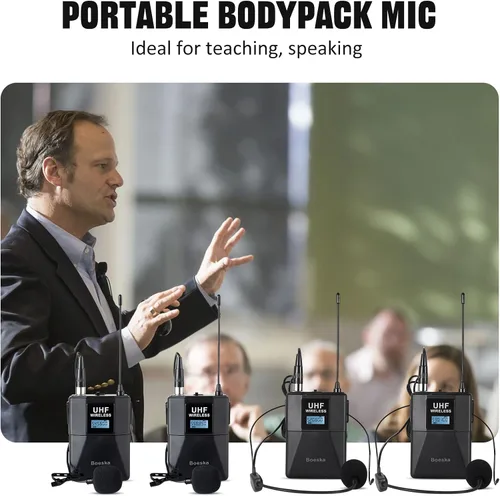 Miniatura 6 de Sistema de micrófono inalámbrico de 4 canales UHF 4 micrófonos Lavalier de solapa y diadema para karaoke, iglesia, conferencias, reuniones, fiestas
