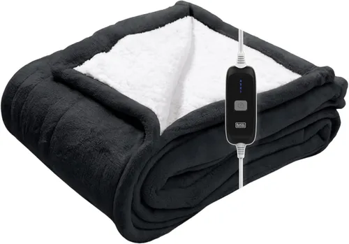 BLACK+DECKER Manta térmica eléctrica, manta eléctrica de piel de oveja sintética, manta térmica con 4 niveles de calefacción, temporizador de 3