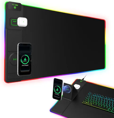 Miniatura 8 de Wireless Charging Mouse Pad with Foldable Phone Holder, 31.5"x15.8" Large Desk Mat for Laptop/Keyboard, Waterproof Ultra-Smooth Surface, Non-Slip