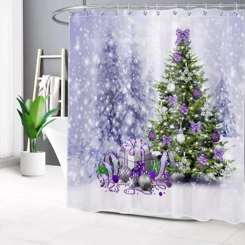 Miniatura 9 de EOBTAIN Cortina de ducha de hojas verdes de Navidad para baño, ramas de piña y abeto con bayas rojas sobre negro, cortina de ducha con 12 ganchos