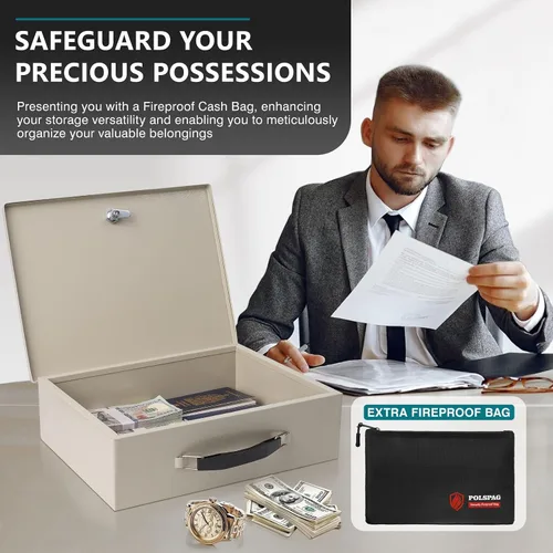 Miniatura 6 de Caja de documentos ignífuga con cerradura de llave y bolsa de dinero ignífuga, caja de almacenamiento segura para objetos de valor, cerradura