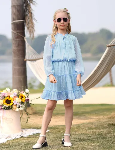 Miniatura 9 de DONWEN Vestido de punto suizo para niña, manga larga, vestido de gasa fluido, vestido de primavera y verano, con lazo frontal, vestidos casuales
