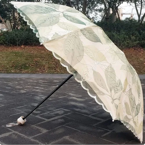 Miniatura 4 de URAWESO Parasol bordado encaje protección UV hoja impresa paraguas plegable para playa, viajes, boda, fiesta, decoración sesión de fotos
