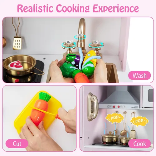 Miniatura 3 de HONEY JOY Juego de cocina para niños, cocina de madera para niños pequeños, microondas, utensilios de cocina, lavadora, campana extractora, juego