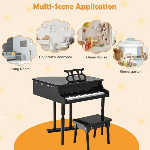 Miniatura 4 de HONEY JOY Piano clásico para niños, mini piano de cola de 30 teclas con soporte de música y banco, juguete de instrumento musical de madera con tapa