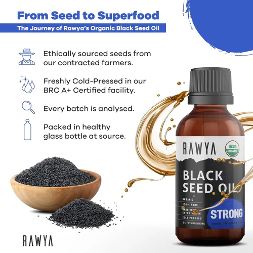 Miniatura 6 de RAWYA Aceite de semilla negra, sabor extrafuerte, alto TQ, prensado en frío, botella de vidrio, aceite de nigella sativa, ideal para el cuidado