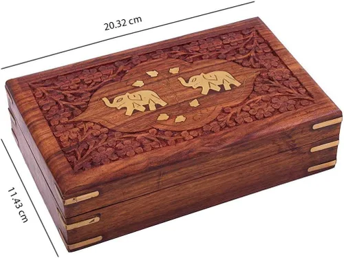 Miniatura 8 de Ajuny Hermosa caja de joyería de madera hecha a mano con incrustaciones de latón elefante con diseño de elefante organizador de almacenamiento