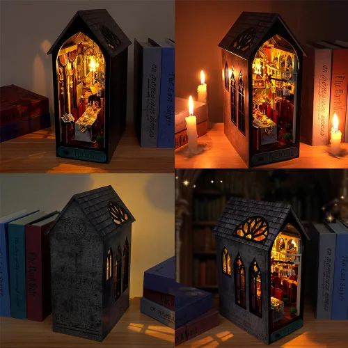 Miniatura 7 de Kit de casa en miniatura de bricolaje, kit de rincón de libro de estilo europeo, diseño de espejo ilusión, kit de casa de muñecas en miniatura