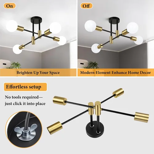 Miniatura 3 de Bosceos Lámpara de techo semiempotrada, lámpara de techo Sputnik moderna de 4 luces negras y doradas, lámpara de techo industrial para cocina