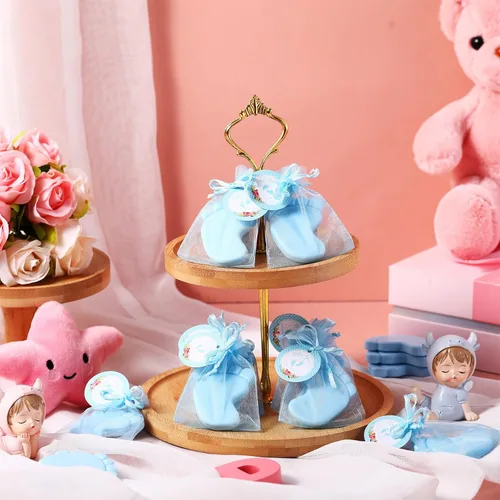 Miniatura 4 de 50 juegos de recuerdos de baby shower, pies de bebé hechos a mano, jabón perfumado, regalos para invitados, regalos con bolsas de organza y Azul