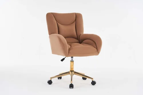 Miniatura 6 de Silla de oficina moderna de terciopelo con base dorada, altura ajustable y giro de 360°, silla de escritorio suave y cómoda con brazos y ruedas