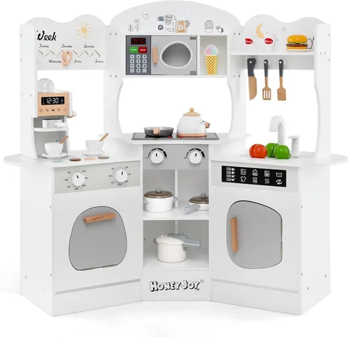 Miniatura 11 de HONEY JOY Cocina de Jugar de Rincón, Juego de Cocina de Madera para Niños Pequeños con Luces, Cafetera, Microondas, Fregadero, Grifo, Juego