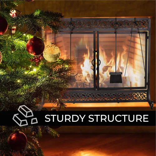 Miniatura 4 de Pantalla de chimenea de metal de 39 x 31 pulgadas, protector de chispas de dos puertas, diseño decorativo de desplazamiento adecuado para estufa