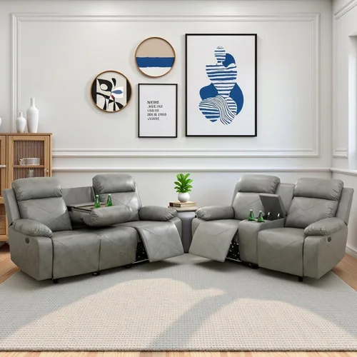 Miniatura 9 de Air Leather - Juego de sofá reclinable eléctrico con LED, juegos de muebles de sala de estar, juego de sofá reclinable eléctrico con puertos USB