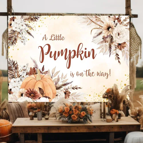 Miniatura 5 de MEHOFOND Telón de fondo de bebé bohemio de otoño, diseño de calabaza pequeña está en camino, fondo bohemio para fotografía de baby shower