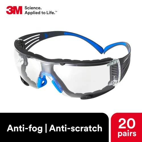 Miniatura 4 de 3M - Lentes de seguridad SecureFit, paquete de 20, ANSI Z87, antiarañazos y antivaho Scotchgard, lente transparente, marco azul/gris, varillas