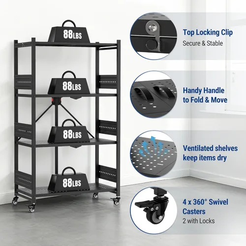 Miniatura 7 de WORKPRO Estante plegable de 4 niveles, estante de almacenamiento de metal sin montaje con ruedas, capacidad de 600 libras (con pies niveladores)