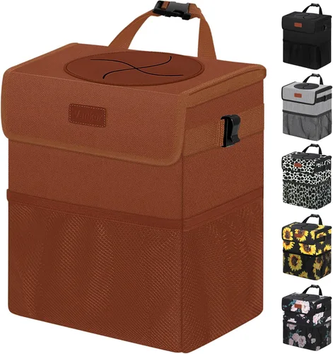 Vankor Cubo de basura para coche, marrón, capacidad de 2.2 galones, impermeable, material de poliéster, correa ajustable, diseño colgante, forro a