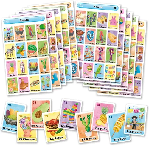 Lotería Fiesta - Juego de bingo mexicano en español para 10 jugadores - 10 tableros de juego y baraja completa de cartas de llamada
