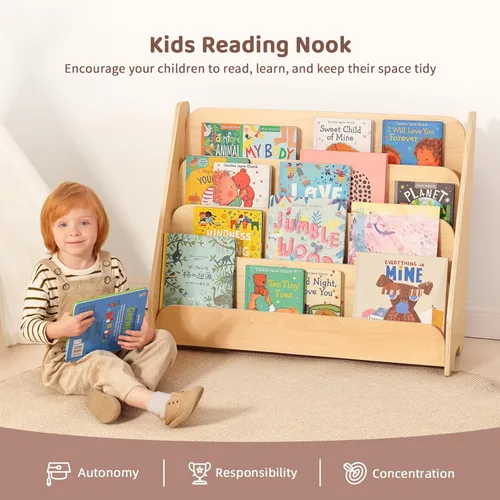 Miniatura 4 de OOOK Estantería para niños, estante de madera de 4 niveles para niños, estantería Montessori para aula, sala de juegos, guardería