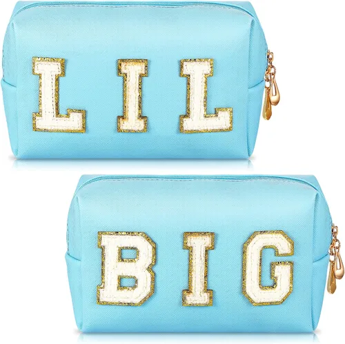 Hillban 2 piezas Big Little Sorority Gifts Preppy Bolsa de cosméticos de piel sintética con parche de letras, bolsa de maquillaje portátil con bolsa