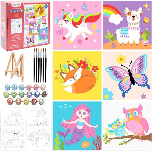 Miniatura 9 de 8 paquetes de lienzo preimpreso para pintar lienzo para niños, 48 pinturas, 8 pinceles, 2 caballetes, 8 lienzos impresos de 6x8 para niñas, niños
