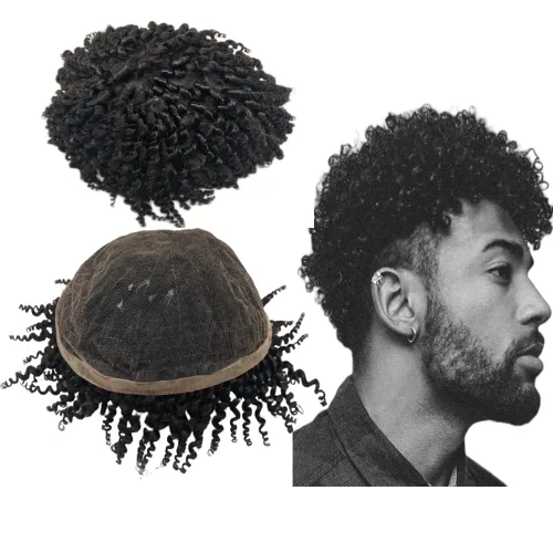 Miniatura 10 de Afro Curl Toupee para hombres negros, 10 x 8, tupé para hombres, piezas de cabello africano, unidades de repuesto para hombre, unidad de cabello