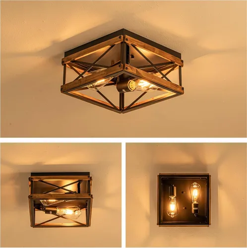 Miniatura 4 de Mayful Lámpara de techo de montaje empotrado de granja, 2 luces rústicas para pasillo con marco de madera y metal, lámparas industriales cerca