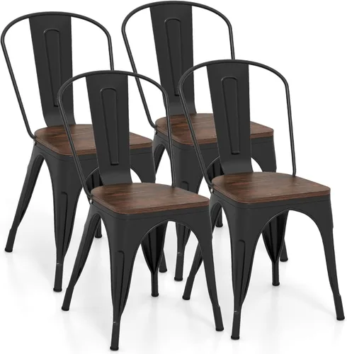 Miniatura 14 de COSTWAY Tolix - Sillas de comedor estilo industrial, apilables, de metal, con asiento de madera, juego de 4 (color blanco y marrón)