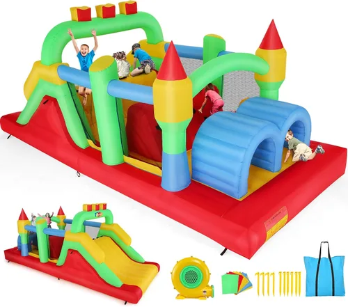 Whubefy Casa de rebote grande inflable de 18x8.2 pies para niños grandes de 8 a 12 años, casa de obstáculos inflable con doble tobogán, túneles