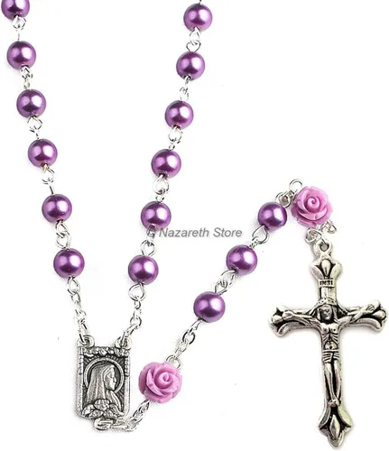 Miniatura 3 de Nazareth Store Collar de rosario con cuentas de perlas moradas católicas Our Rose Lourdes Medal & Cross NS