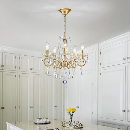 Miniatura 7 de ANJIADENGSHI Mini Candelabro de Cristal K9 Cristal Dorado para Sala de Estar, Dormitorio, Comedor, Isla de Cocina, Entrada, 5 Bombillas E12, Alto