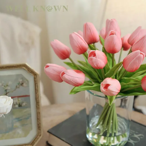 Miniatura 4 de WELL KNOWN 20 piezas tulipanes artificiales en jarrón, tulipanes de color rosa coral de tacto real con jarrón de vidrio y agua falsa, centro de mesa