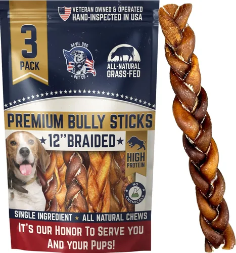 Miniatura 13 de Devil Dog Pet Co. Palitos Bully Trenzados para Perros – Paquete de 3 Golosinas Masticables de 6 Pulgadas, 100% Naturales, de un Solo Ingrediente
