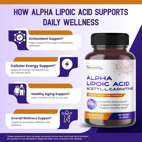 Miniatura 4 de Cápsulas de acetil-L-carnitina de ácido alfa lipoico con ubiquinol, curcumina y vitaminas B, apoyo diario para el bienestar