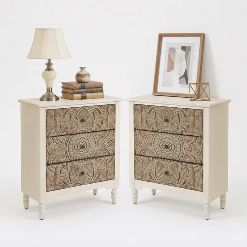 Miniatura 19 de SUNBURY Juego de 2 mesitas de noche vintage, mesa de noche pequeña de madera con cajón y estante abierto, mesa auxiliar de acento shabby para sala