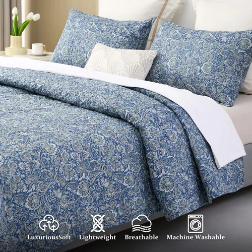 Miniatura 2 de DURLENGEN Juego de edredón floral, tamaño California King, 3 piezas, patrón floral de cachemira azul y verde, juego de colcha ligera para todas
