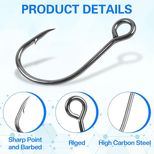 Miniatura 2 de Inline Single Hooks, Inline Fishing Hooks for Treble Hook Replacement Lures Plugs Baits Large Eye with Barbed Saltwater Freshwater Fishing, #4#2#1