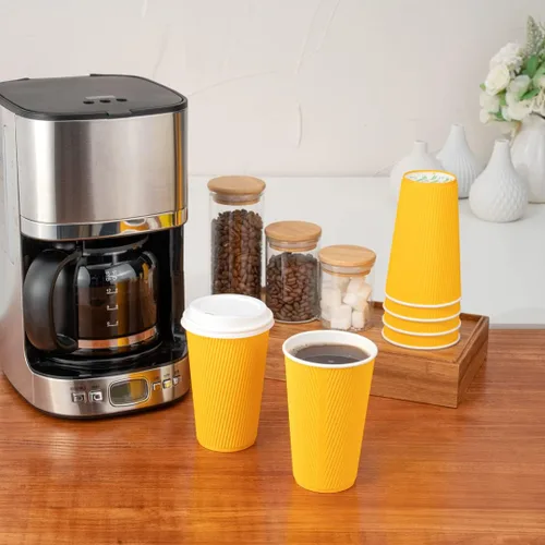 Miniatura 11 de Restaurantware 16 onzas Tazas de papel desechables con pared ondulada, 500 vasos de papel amarillo aislados con diseño de borde enrollado, tapas