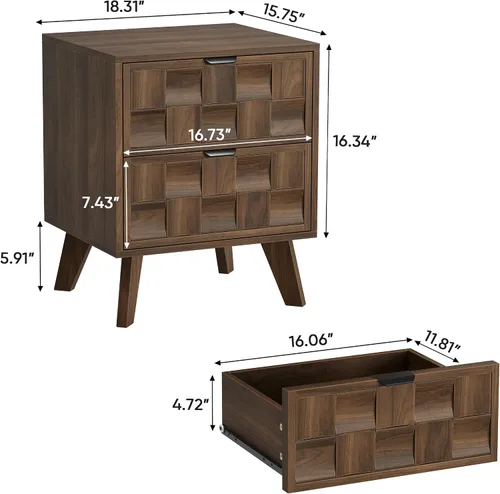 Miniatura 2 de Smuxee Mesita de noche de madera de nogal con 2 cajones, mesita de noche de mediados de siglo con puertas de tablero de ajedrez en relieve, mesita