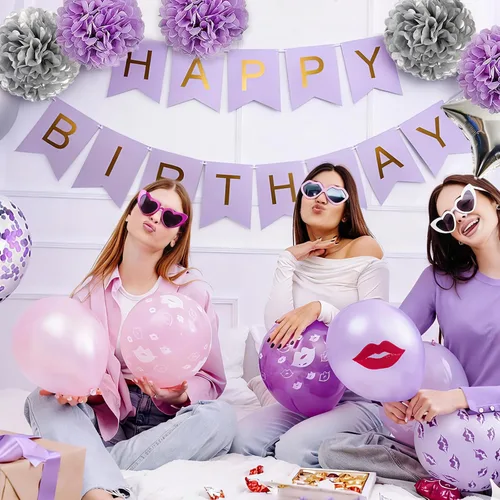 Miniatura 4 de Decoraciones de cumpleaños para niñas púrpura y plata Lavanda fiesta decoración Kit para ella mujer incluyendo feliz cumpleaños Banner pompón flor