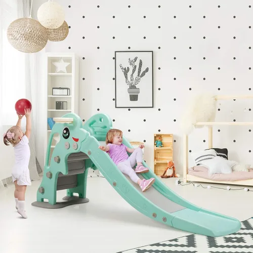Miniatura 4 de Baby Joy Slide para niños, juego grande para escalador de juegos con pendiente de deslizamiento extralarga, aro de baloncesto y bola, regalo ideal