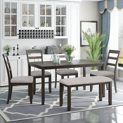 Miniatura 19 de KLMM Elegante y clásico juego de mesa de comedor de madera de 6 piezas con 4 sillas y otomana, adecuado para cocina y comedor